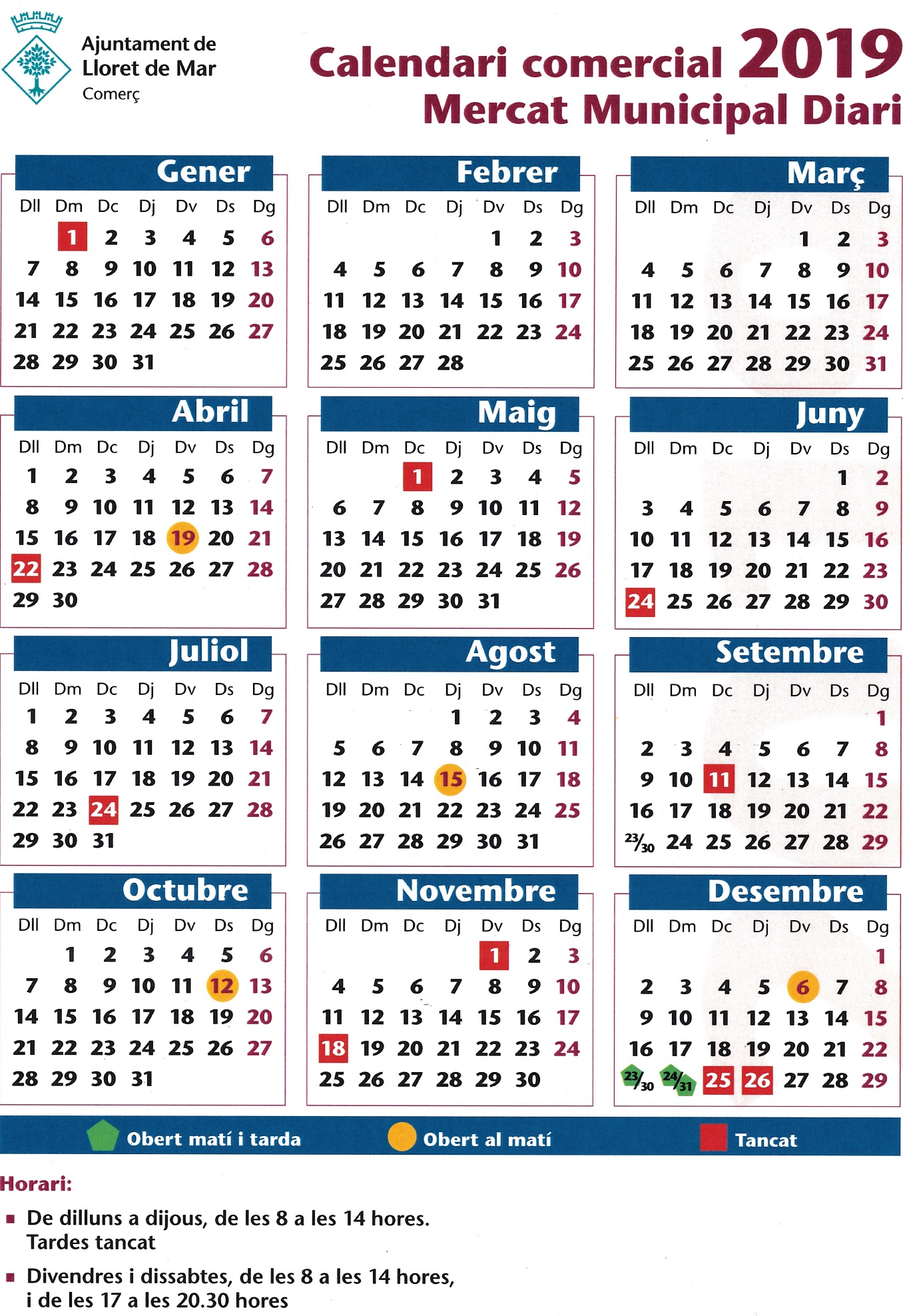 Calendari 2019 Mercat Municipal Diari